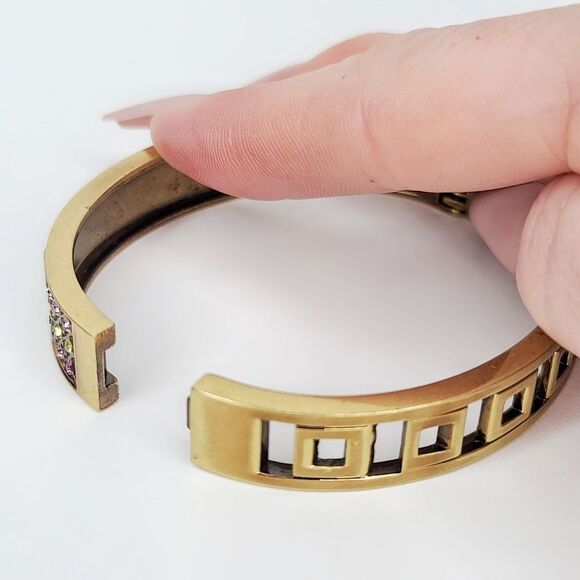 Heidi Daus | Vintage Art Deco 90's Crystal Bronzetone Hinged Bangle Bracelet - Picture 7 of 8